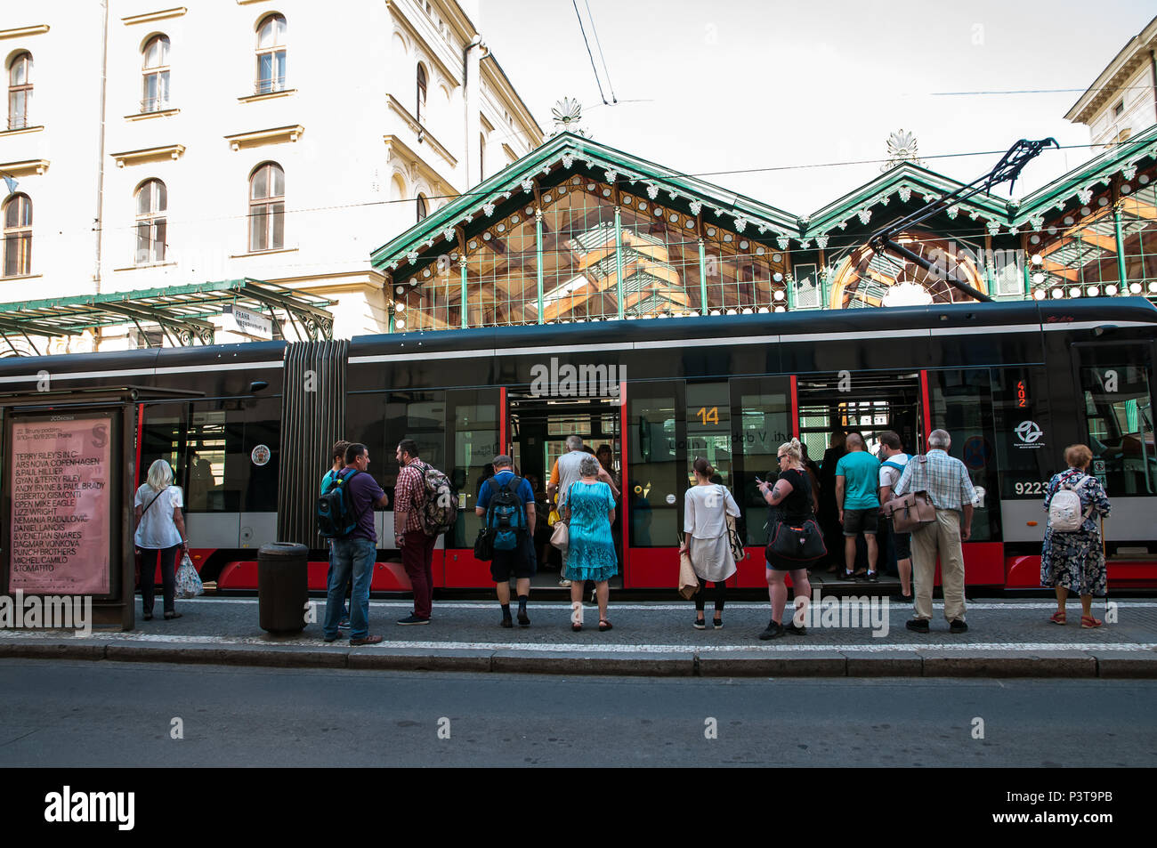 Prague, Czech Republic, 16. June 2018, At Masaryk Train Station, people are entering the tram Stock Photo