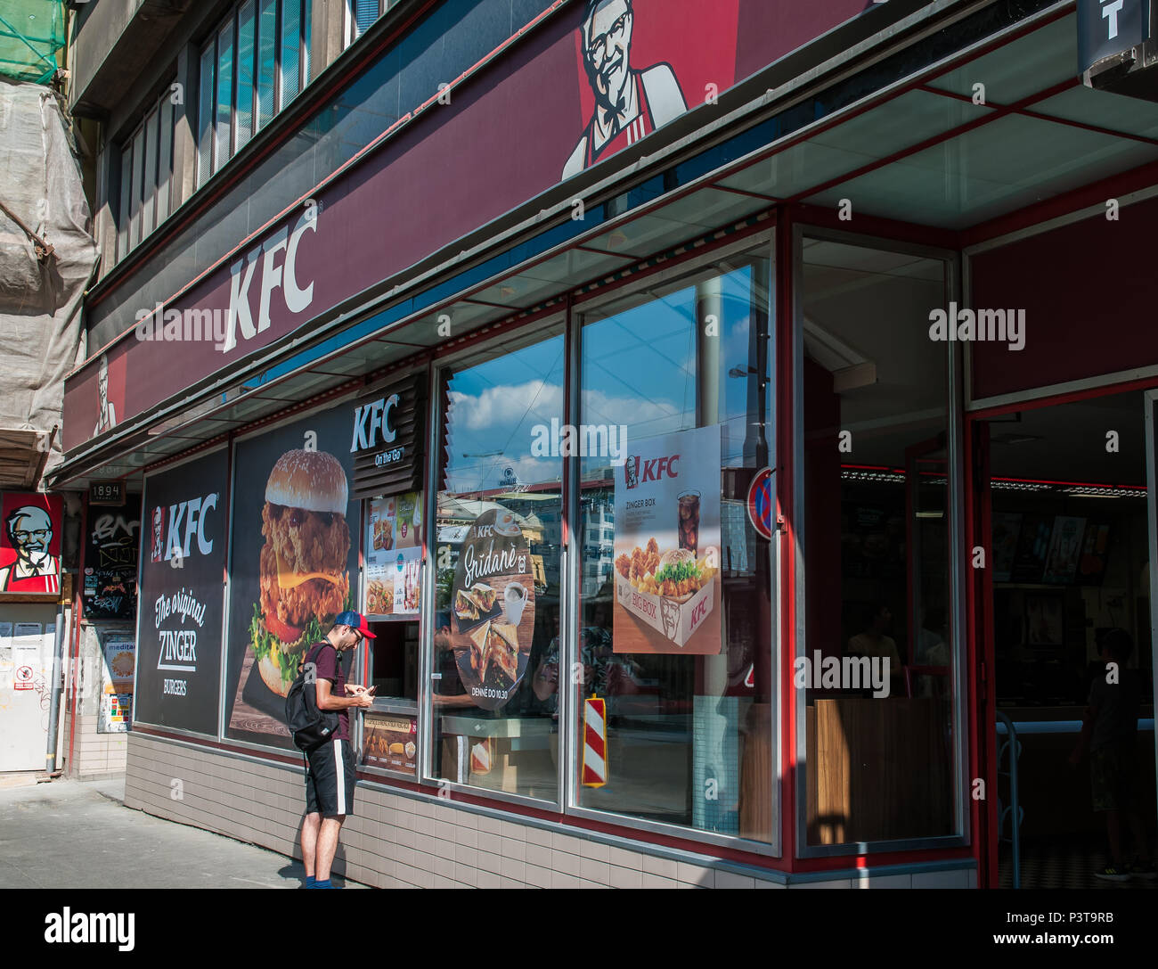 Prague, Czech Republic, 16. June 2018, KFC eating a logo on a restaurant street Stock Photo