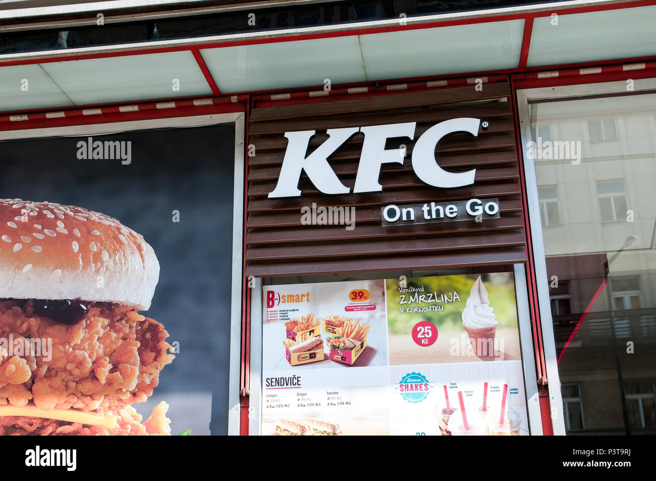 Prague, Czech Republic, 16. June 2018, KFC eating a logo on a restaurant street Stock Photo