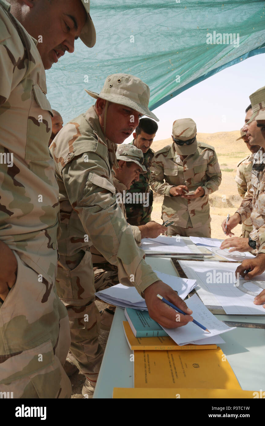 Peshmerga soldiers conduct the fire planning portion of a combined arms ...