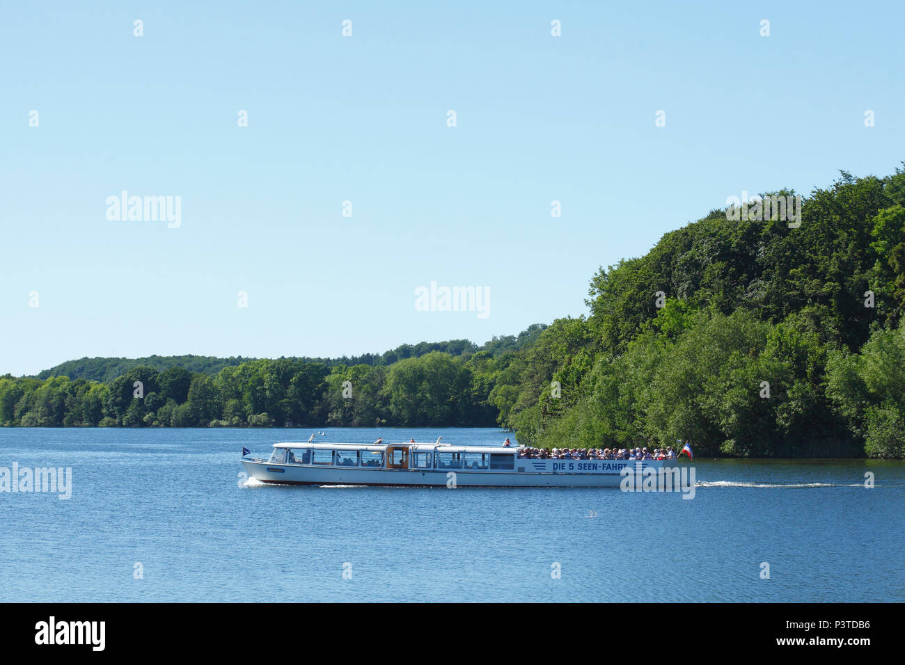 Excursion boat, 5 lakes tour, Dieksee, Bad Malente-Gremsmühlen, Malente, Schleswig-Holstein, Germany, Europe  I  Ausflugsschiff, 5 Seen-Rundfahrt, Die Stock Photo