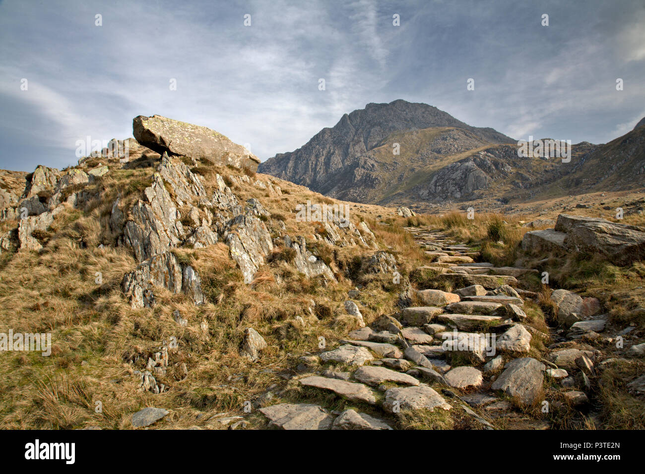 Tryfan mountain in Snowdonia, North Wales, as seen from the path to Llyn Idwal Stock Photo
