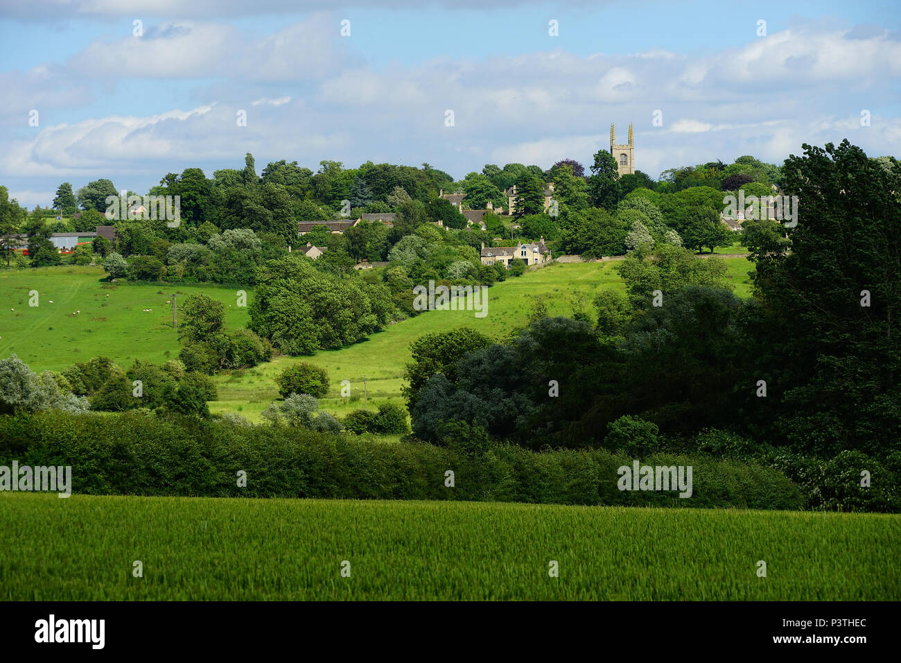 Collyweston village viewed from the Jurassic Way as it passes through the Welland Valley Stock Photo