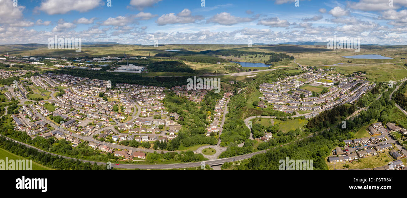 Panoramic aerial drone view of the town of Ebbw Vale in the South Wales Valleys Stock Photo