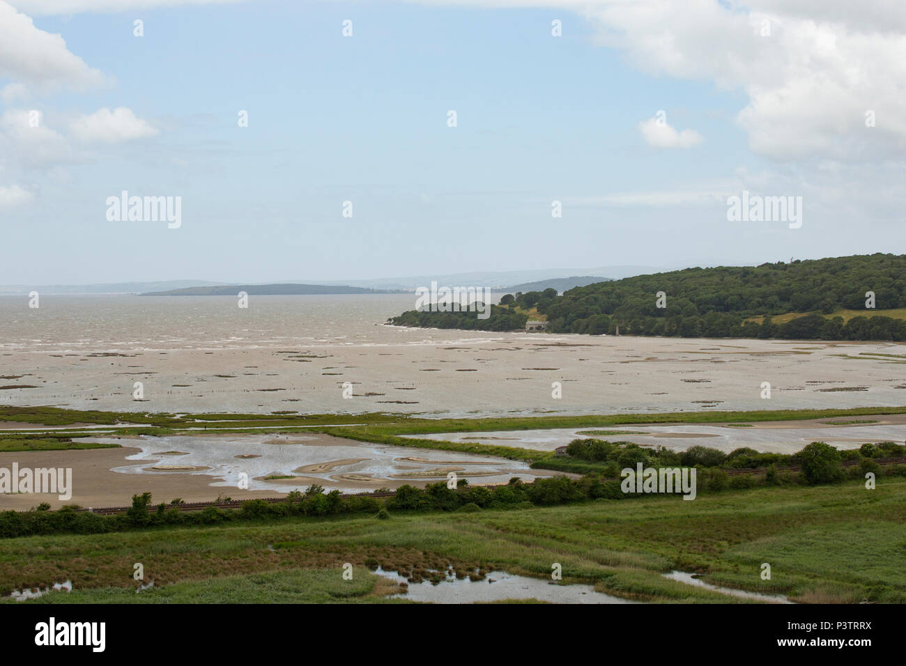 Jenny Brown’s Point near Silverdale viewed from Warton Crag as a high tide backed by winds from Storm Hector floods across saltmarshes on the edge of  Stock Photo