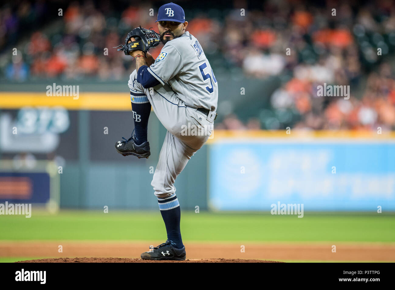 Houston, TX, USA. 18th June, 2018. Tampa Bay Rays relief pitcher Sergio Romo (54) pitches during a Major League Baseball game between the Houston Astros and the Tampa Bay Rays at Minute Maid Park in Houston, TX. The Astros won the game 5 to 4.Trask Smith/CSM/Alamy Live News Stock Photo