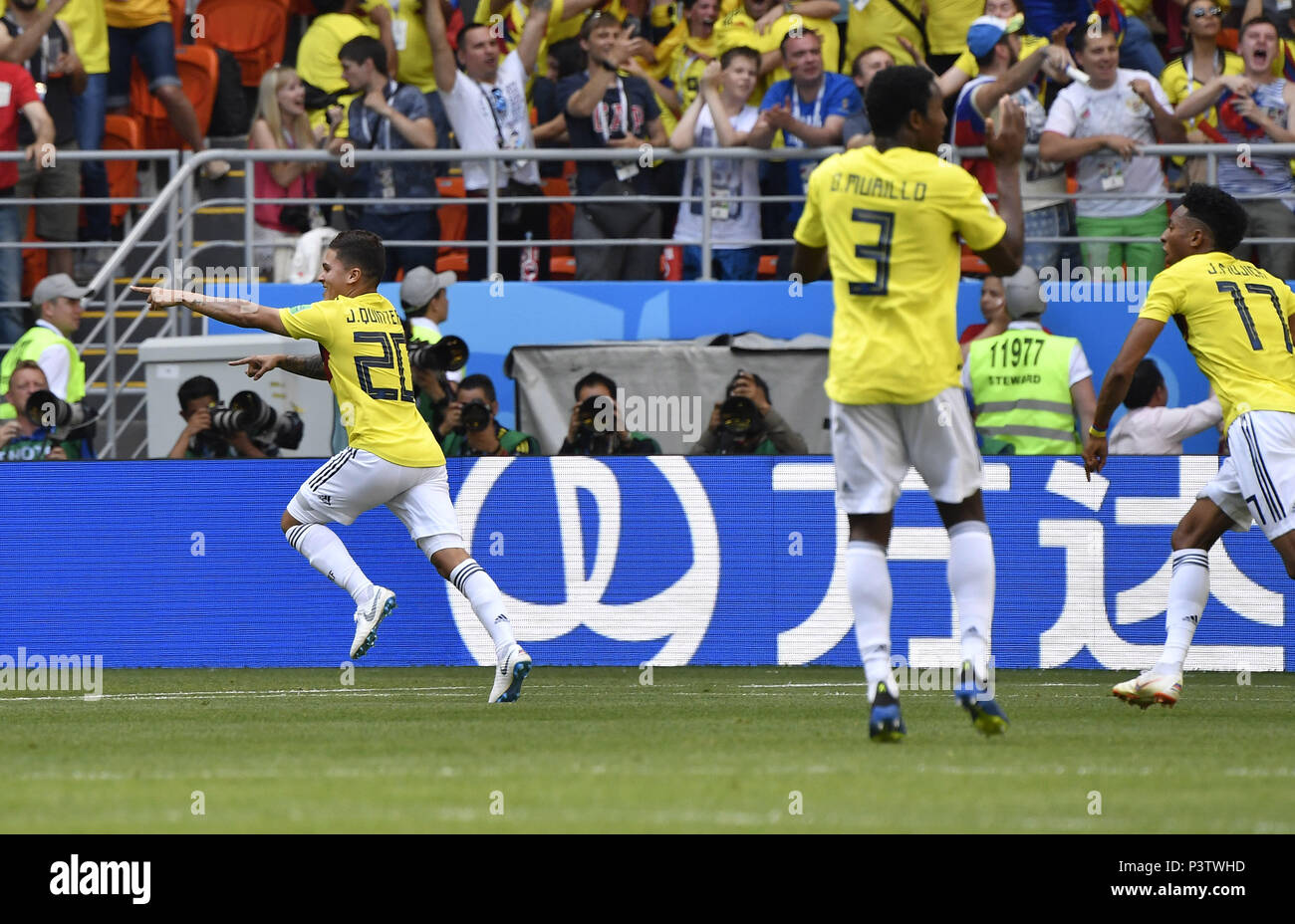 Saransk, Russia. 19th June, 2018. Juan Quintero (L) of Colombia celebrates his scoring during a Group H match between Colombia and Japan at the 2018 FIFA World Cup in Saransk, Russia, June 19, 2018. Credit: He Canling/Xinhua/Alamy Live News Stock Photo