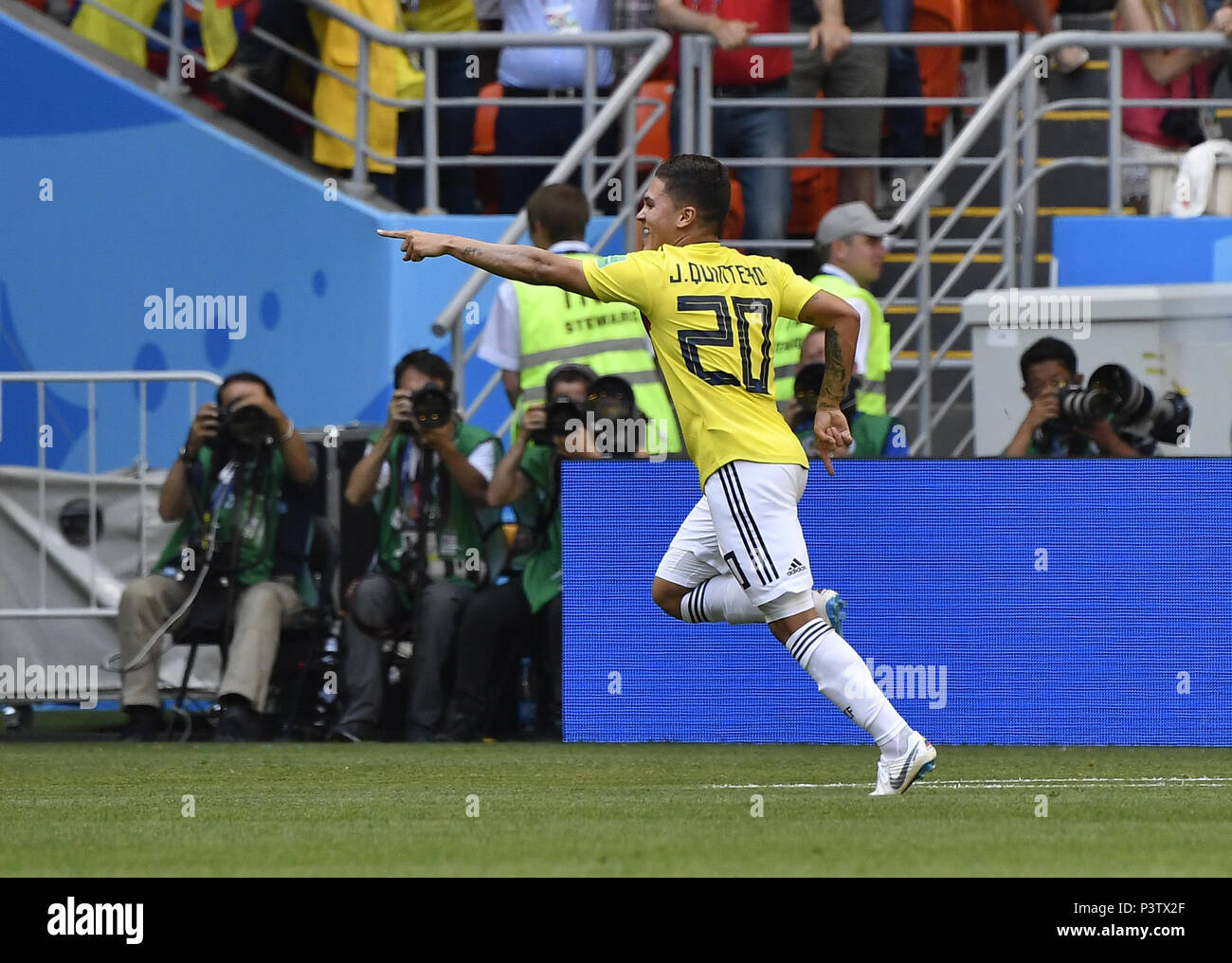 Saransk, Russia. 19th June, 2018. Juan Quintero of Colombia celebrates his scoring during a Group H match between Colombia and Japan at the 2018 FIFA World Cup in Saransk, Russia, June 19, 2018. Credit: He Canling/Xinhua/Alamy Live News Stock Photo