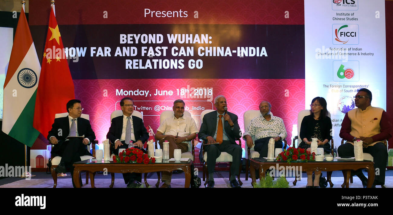 New Delhi, India. 18th June, 2018. A seminar entitled 'Beyond Wuhan: How Far and Fast Can China-India Relations Go' is held in New Delhi, India, on June 18, 2018. The China-India relations could be promoted with the help of 'Five Cs' -communication, cooperation, contacts, coordination and control, Chinese Ambassador Luo Zhaohui said on Monday. Credit: Zhang Naijie/Xinhua/Alamy Live News Stock Photo