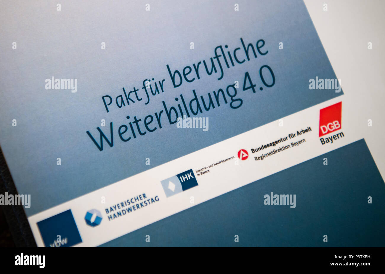 19 June 2018, Germany, Munich: A certificate reading 'Pakt fuer berufliche Weiterbildung 4.0' (lit. Pact for professional development 4.0) lies on a table prior to its signing at the Prinz-Carl-Palais. Photo: Peter Kneffel/dpa Stock Photo