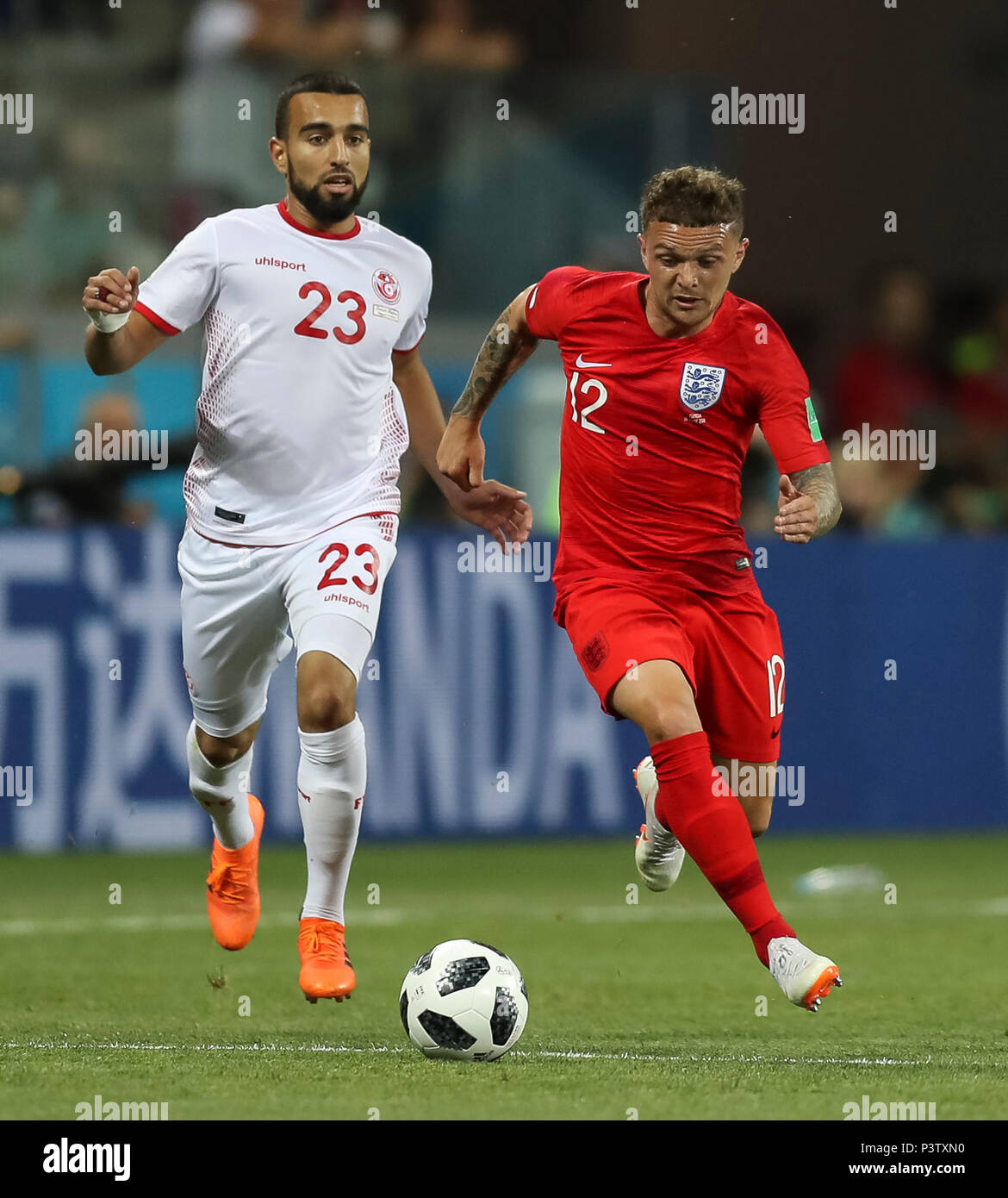 Volgograd, Russia. 18th Jun, 2018. Kieran Trippier of England and Naim Sliti of Tunisia during the 2018 FIFA World Cup Group G match between Tunisia and England at Volgograd Arena on June 18th 2018 in Volgograd, Russia. (Photo by Daniel Chesterton/phcimages.com) Credit: PHC Images/Alamy Live News Stock Photo