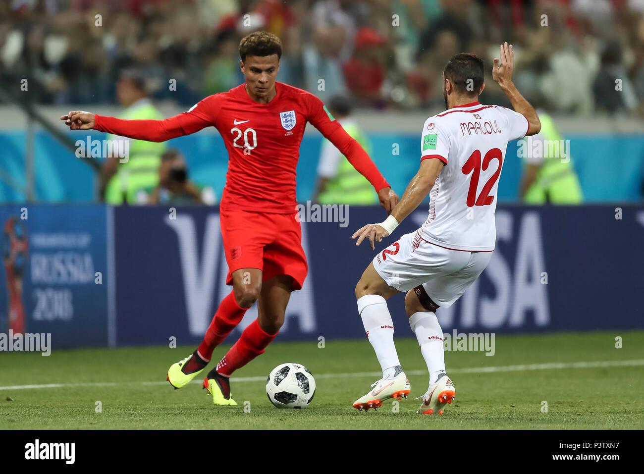 Volgograd, Russia. 18th Jun, 2018. Dele Alli of England and Ali Maaloul of Tunisia during the 2018 FIFA World Cup Group G match between Tunisia and England at Volgograd Arena on June 18th 2018 in Volgograd, Russia. (Photo by Daniel Chesterton/phcimages.com) Credit: PHC Images/Alamy Live News Stock Photo