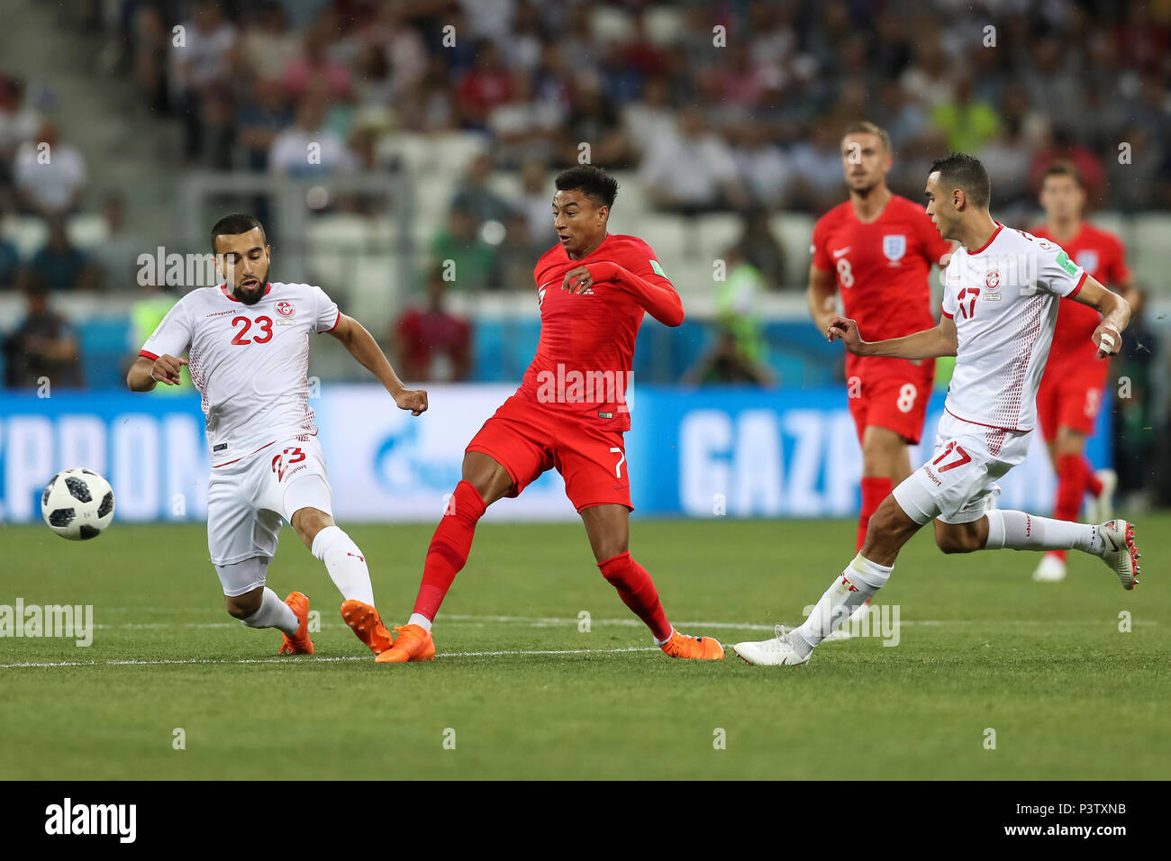 Volgograd, Russia. 18th Jun, 2018. Naim Sliti of Tunisia, Jesse Lingard of England and Ellyes Skhiri of Tunisia during the 2018 FIFA World Cup Group G match between Tunisia and England at Volgograd Arena on June 18th 2018 in Volgograd, Russia. (Photo by Daniel Chesterton/phcimages.com) Credit: PHC Images/Alamy Live News Stock Photo