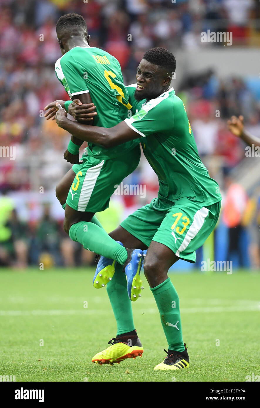 Moscow, Russia. 19th June, 2018. Soccer: World Cup 2018, group stages, group H: Poland vs Senegal at Spartak Stadium. Senegal's Idrissa Gueye (L) and Alfred N'Diaye celebrate scoring their side's first goal. Credit: Federico Gambarini/dpa/Alamy Live News Stock Photo