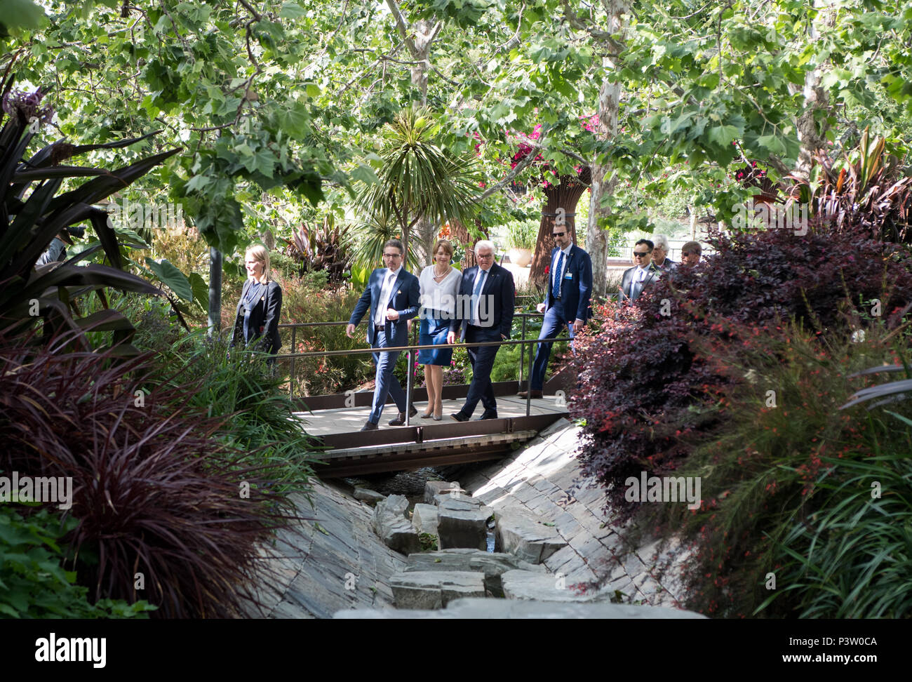 19 June 2018, USA, Los Angeles (California): German President Frank-Walter Steinmeier and his wife Elke Buedenbender, are guided through the complex and the garden of the Getty Museum by the deputy director of the Getty Research Institute, Andrew Perchuk. President Steinmeier and his wife are on a three day visit to California. Photo: Bernd von Jutrczenka/dpa Stock Photo