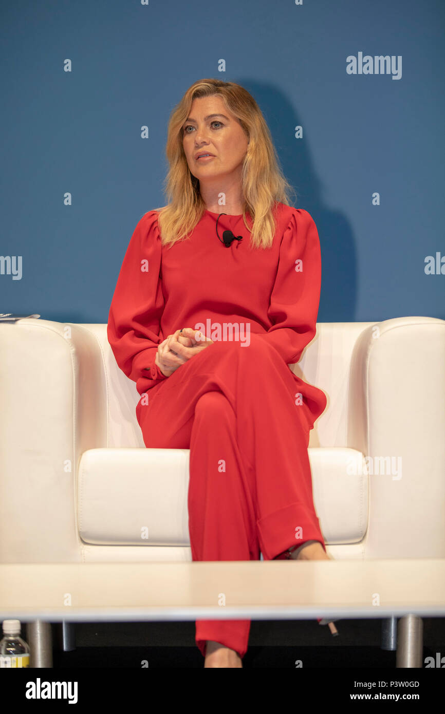 Cannes, France, 19 June 2018, Ellen Pompeo, Golden Globe Nominated Actress and Producer speaks onstage during the Edelman session at the Cannes Lions Festival - International Festival of Creativity © ifnm / Alamy Live News Stock Photo