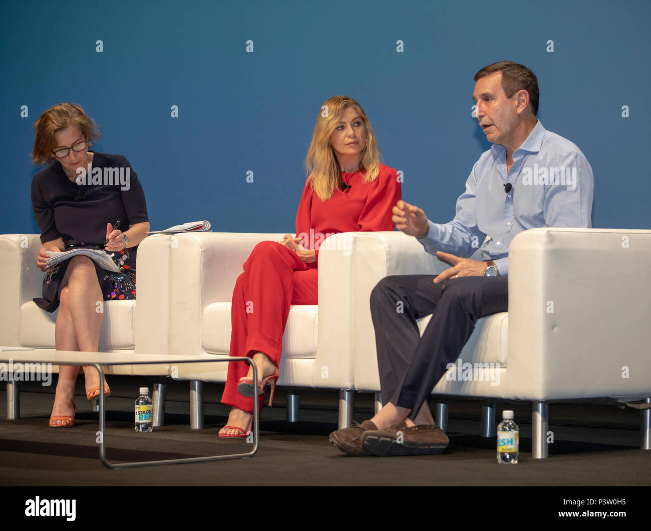 Cannes, France, 19 June 2018; Kirsty Wark; Ellen Pompeo and Richard Edelman speak onstage during the Edelman session at the Cannes Lions Festival - International Festival of Creativity © ifnm / Alamy Live News Stock Photo