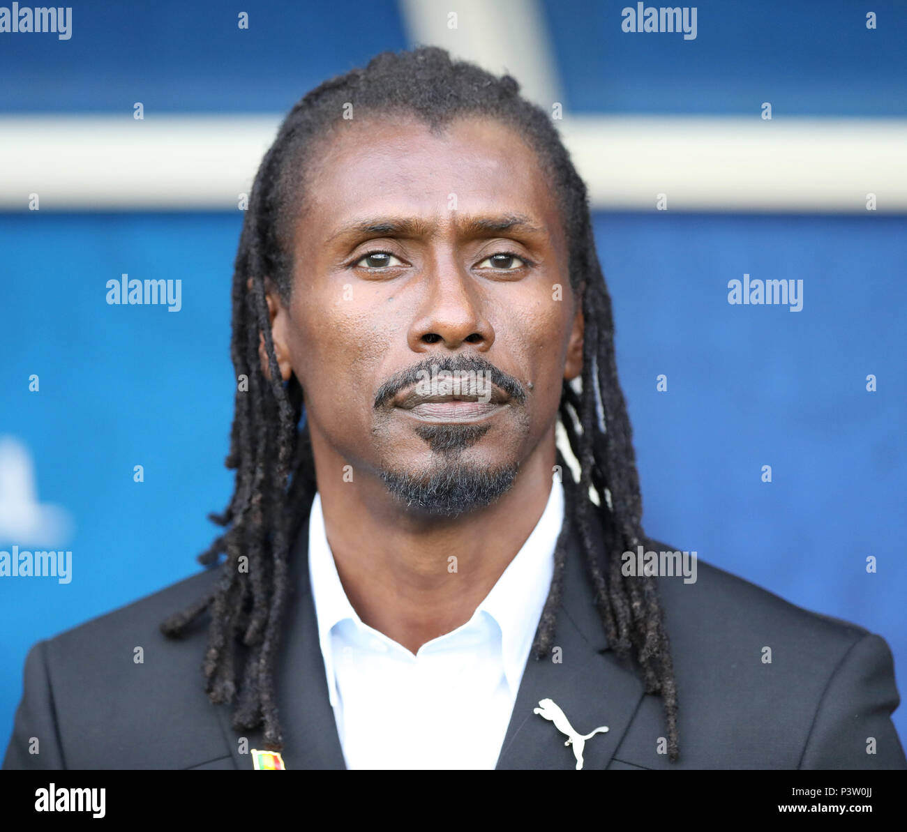Moscow, Russia. 19th June, 2018. Senegal's head coach Aliou Cisse reacts prior to a Group H match between Poland and Senegal at the 2018 FIFA World Cup in Moscow, Russia, June 19, 2018. Credit: Xu Zijian/Xinhua/Alamy Live News Stock Photo