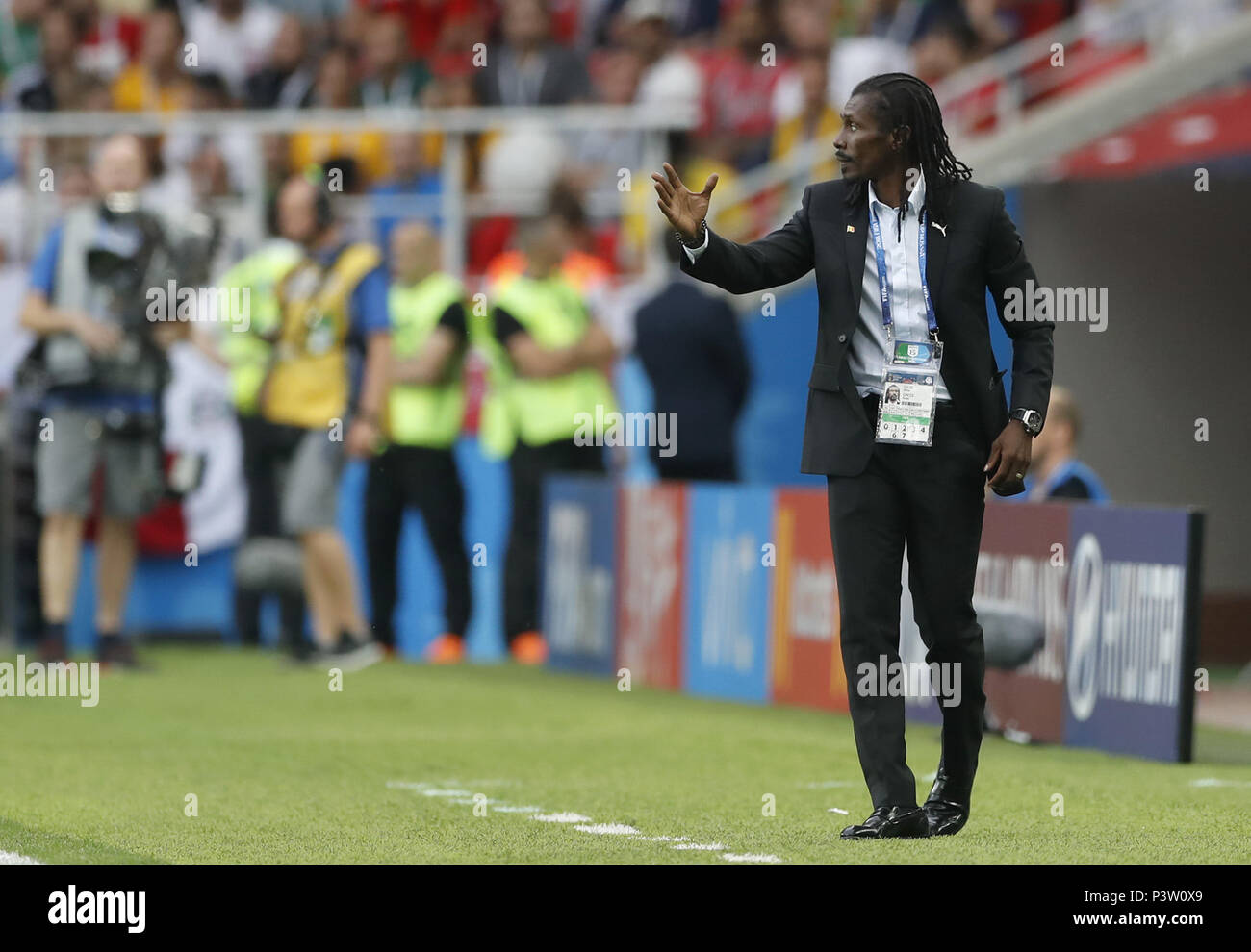 Moscow, Russia. 19th June, 2018. Senegal's head coach Aliou Cisse reacts during a Group H match between Poland and Senegal at the 2018 FIFA World Cup in Moscow, Russia, June 19, 2018. Credit: Cao Can/Xinhua/Alamy Live News Stock Photo