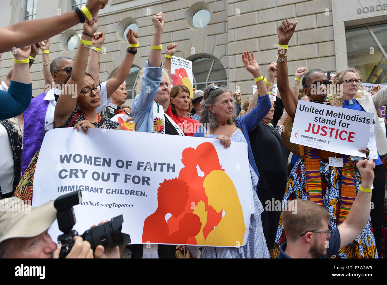 Washington, DC, USA. 19th June, 2018. Women leaders from multiple faith traditions protest outside the Washington, DC, headquarters of U.S. Customs and Border Protection. The women were critical of the Trump administration policy of separating children from their immigrant parents at the U.S. border, a policy that has sparked an outcry from across the religious spectrum. Credit: Jay Mallin/ZUMA Wire/Alamy Live News Stock Photo