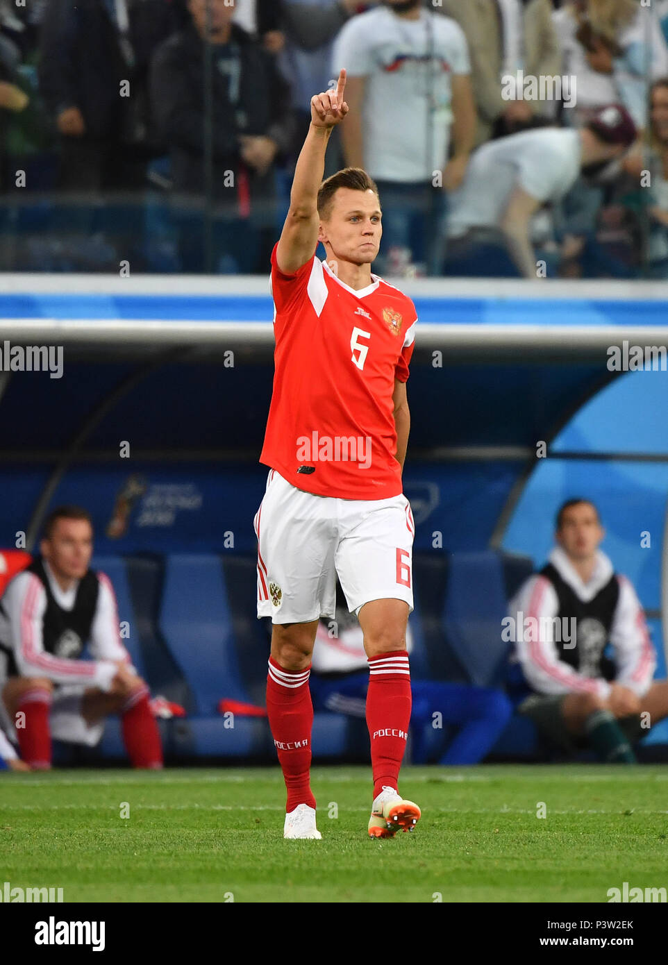 Saint Petersburg, Russia. 19th June, 2018. Denis Cheryshev of Russia celebrates scoring during a Group A match between Russia and Egypt at the 2018 FIFA World Cup in Saint Petersburg, Russia, June 19, 2018. Credit: Li Ga/Xinhua/Alamy Live News Stock Photo