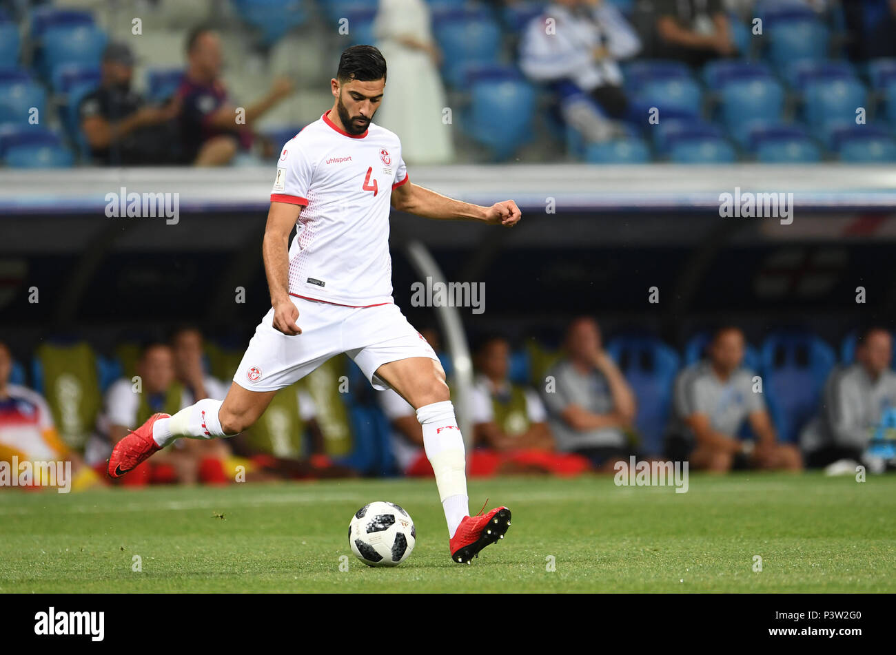 Volgograd, Russia. 18th June, 2018. Soccer: World Cup, Tunisia vs England, group stages, group G, Volgograd Stadium. Tunisia's Yassine Meriah in action. Credit: Andreas Gebert/dpa/Alamy Live News Stock Photo