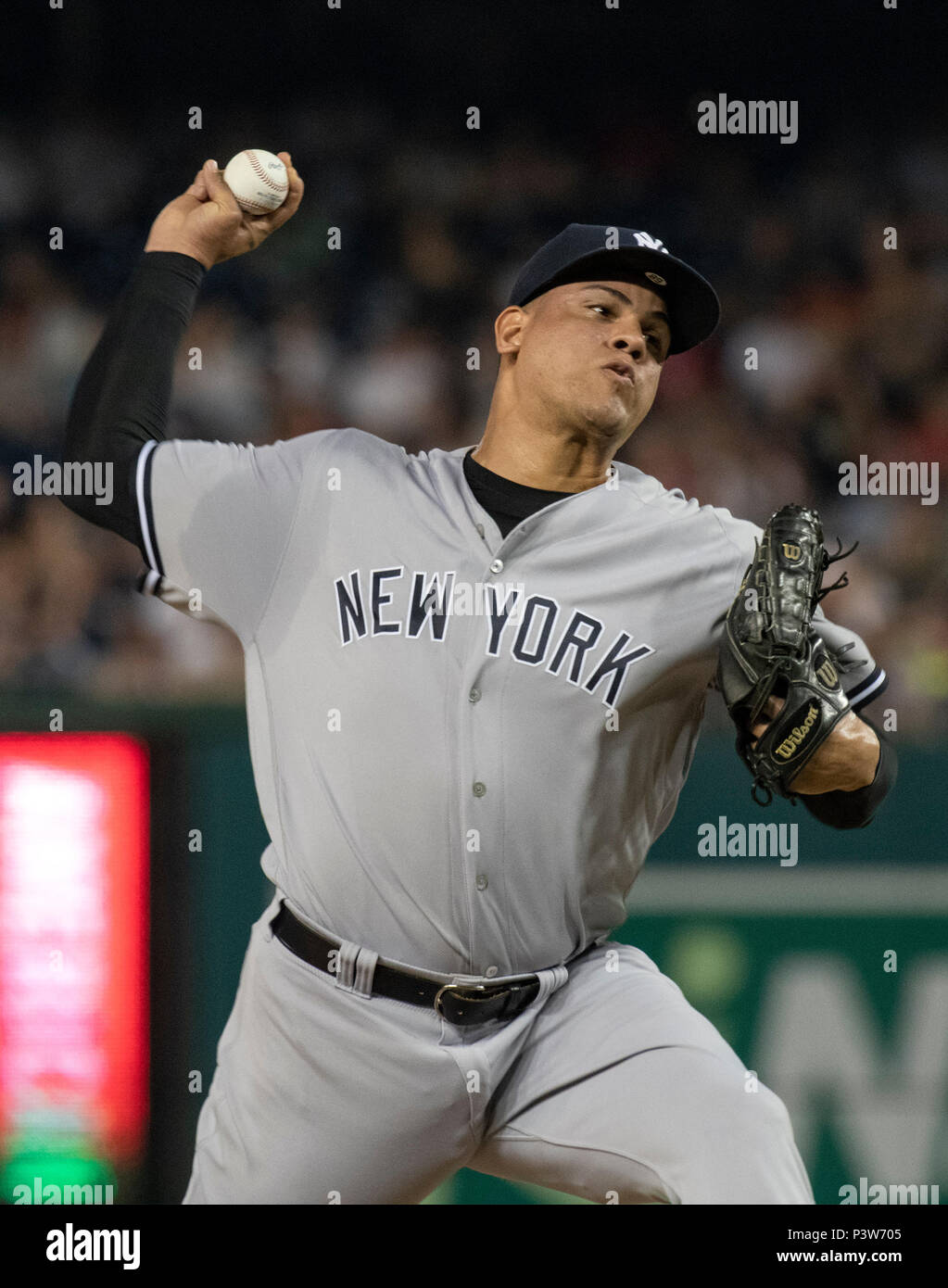 Rain. 16th May, 2018. New York Yankees relief pitcher Dellin Betances (68)  pitches in the eighth inning against the Washington Nationals at Nationals  Park in Washington, DC on Monday, June 18, 2018.