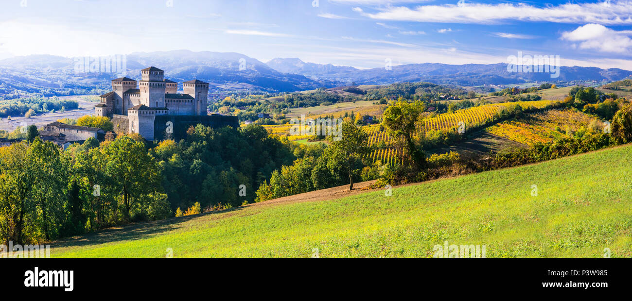 Impressive Torrechiara medieval castle,view with vineyards,near Parma,Emilia Romagna,Italy. Stock Photo