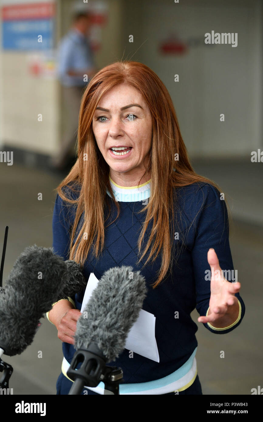 Charlotte Caldwell, mother of 12-year-old Billy Caldwell, speaks outside Chelsea & Westminster Hospital, south London as Home Secretary Sajid Javid has announced a review of the medicinal use of cannabis which could lead to patients in the UK being prescribed drugs derived from the banned plant. Stock Photo