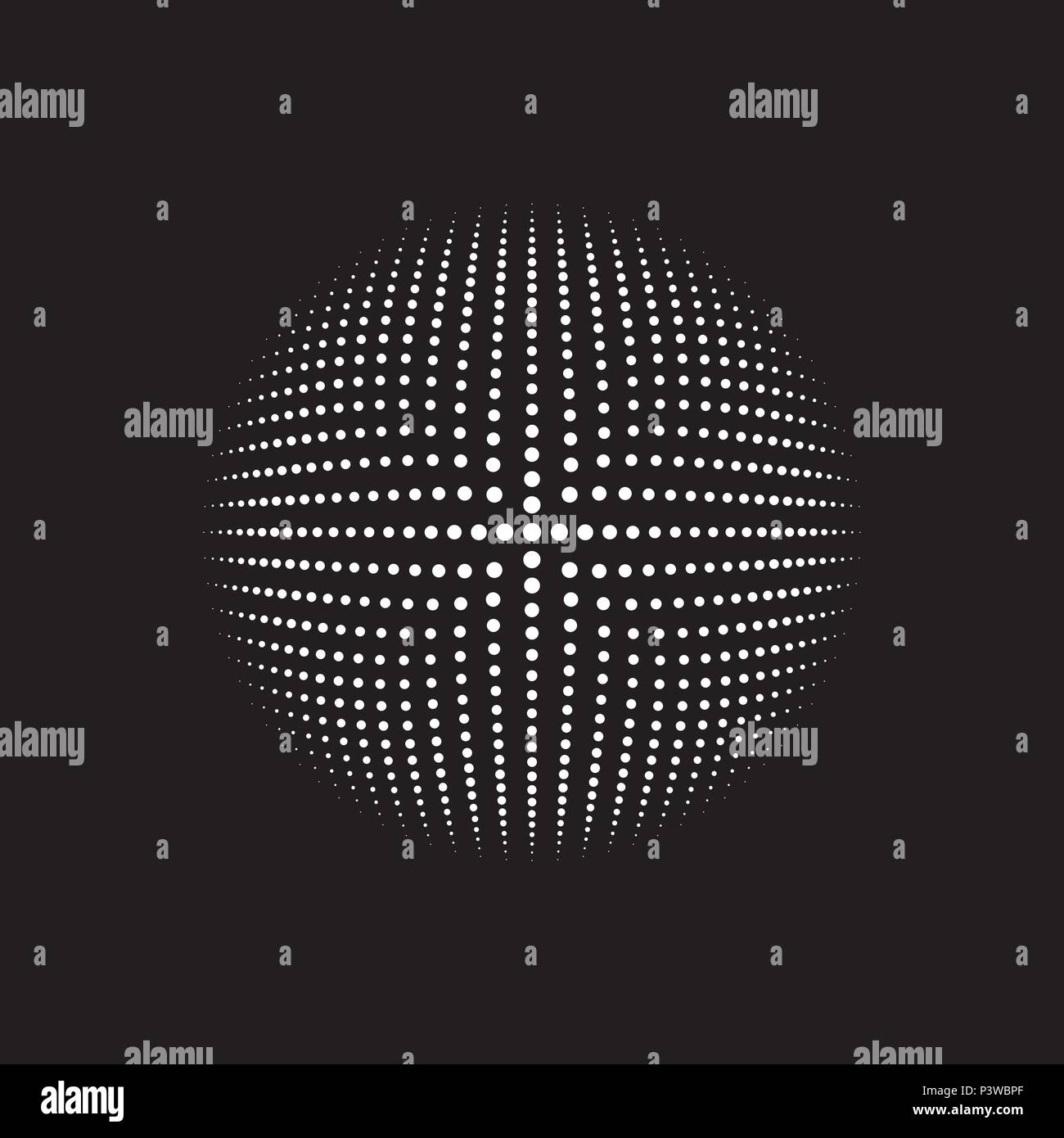 Circular monochrome dot pattern vector with 4 radial axis lines, dots arranged in a mathematical geometic pattern for creative design cover, poster Stock Vector