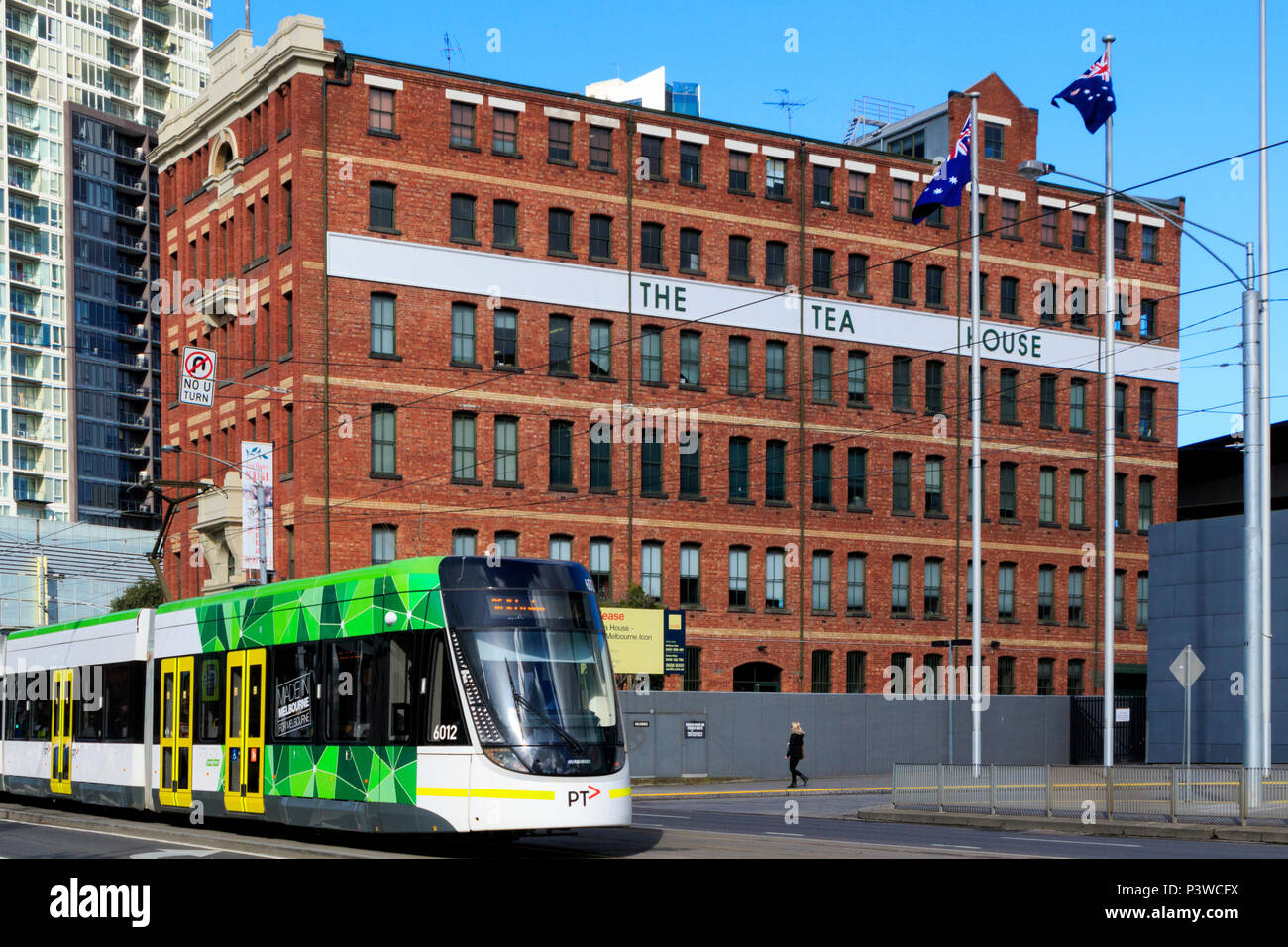 Australia,  Clarendon Street, Melbourne, Southbank, The Tea House, Victoria, new green tram Stock Photo