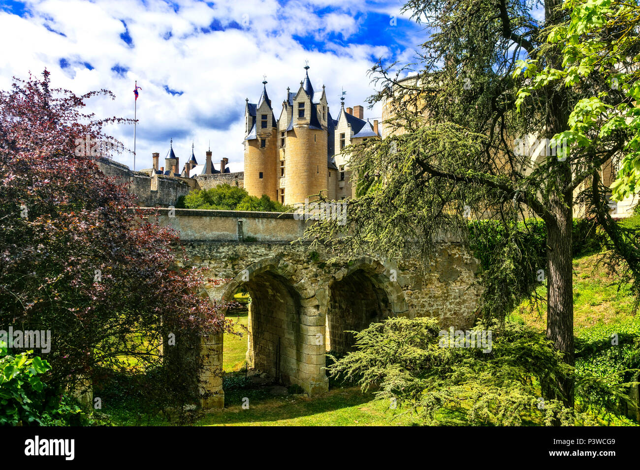 Impressive Montreuil-Bellay medieval castle,view with gardens,Loire valley,France. Stock Photo