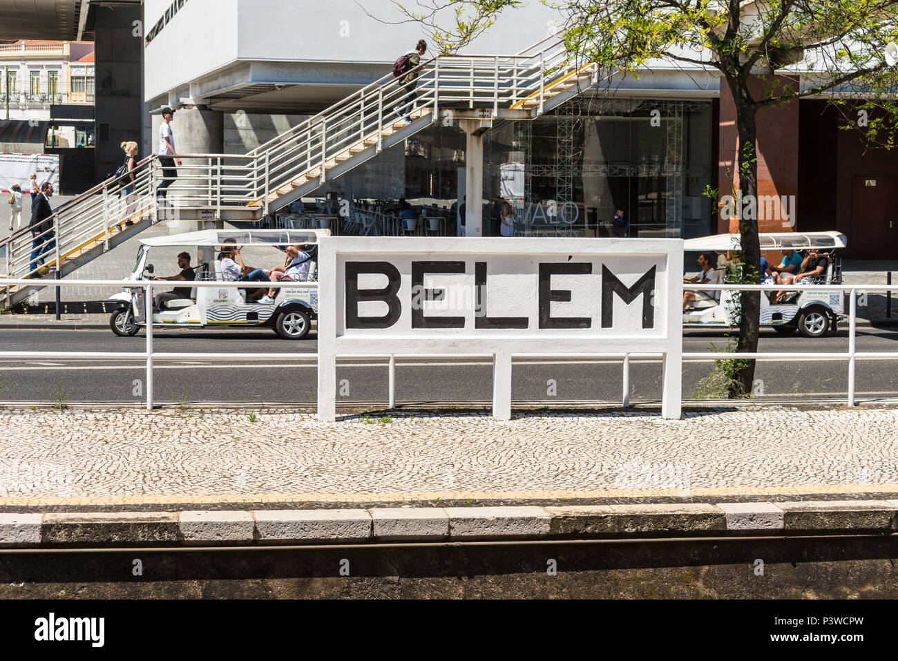 Lisbon, Portugal - May 19, 2017: Belem railway station sign between Avenida da India and Avenida Brazilia in Lisbon, Portugal. Stock Photo