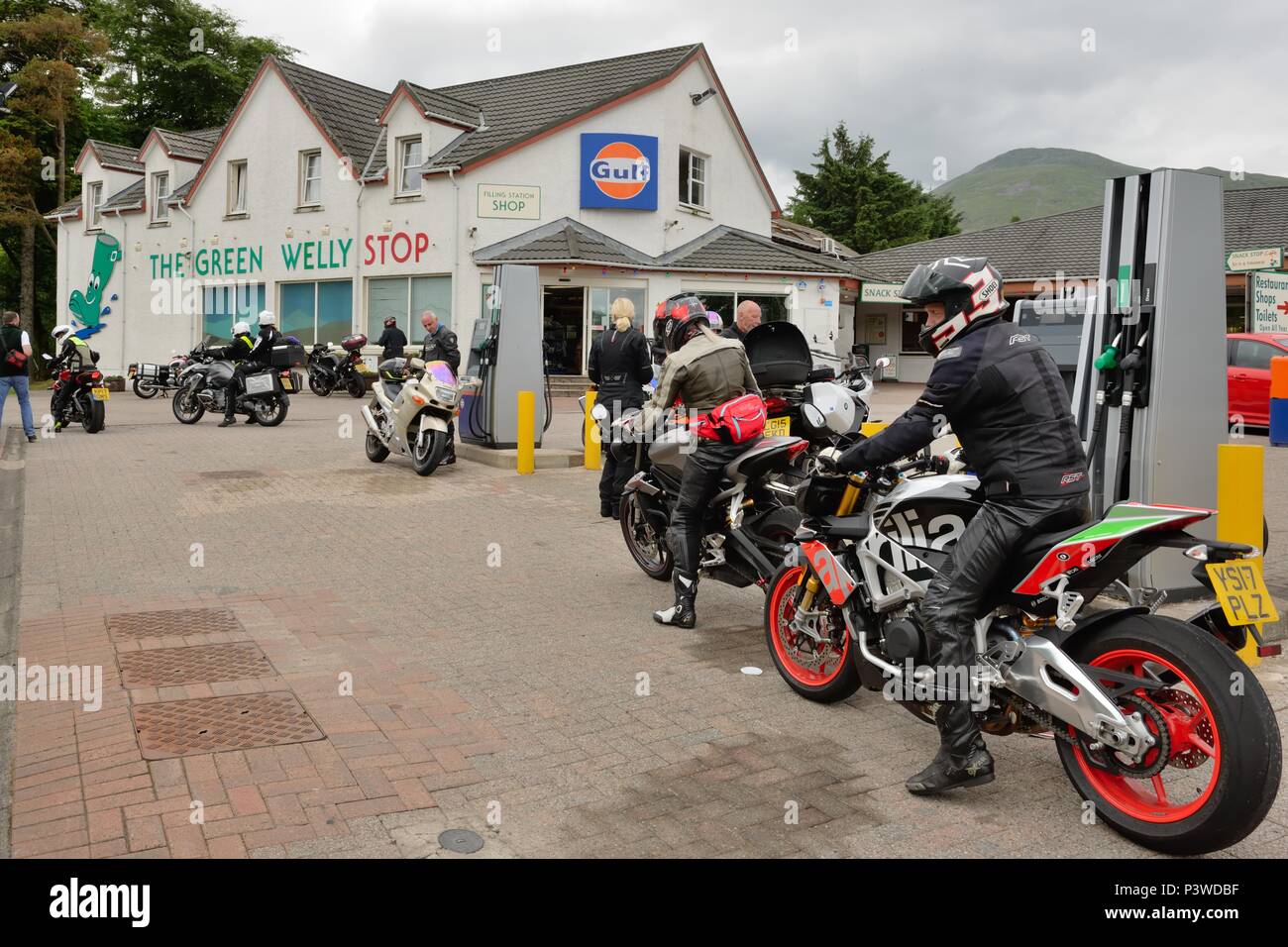 The Green Welly filling station and restaurant on the A82 at Tyndrum, Crianlarich, Scotland Uk, is a favourite stop for bikers and tourists. Stock Photo