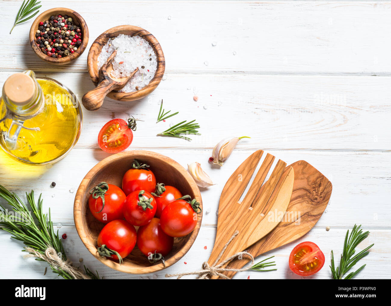 Food cooking ingredient. Food background on white wooden table. Top view  copy space Stock Photo - Alamy