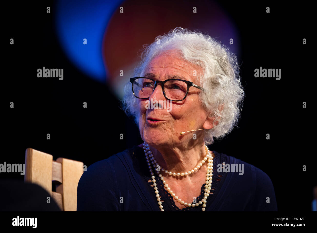 Judith Kerr, British writer and illustrator. She has created both enduring picture books such as the Mog series and The Tiger Who Came to Tea and acclaimed novels for older children such as the semi-autobiographical When Hitler Stole Pink Rabbit, which gave a child's-eye view of the Second World War. Born in Germany, of Jewish background, she came to Britain with her family in 1933 amid the rise of the Nazis..  Pictured at the 2018 Hay Festival of Literature and the Arts.  The annual festival  in the small town of Hay on Wye on the Welsh borders , attracts  writers and thinkers from across the Stock Photo