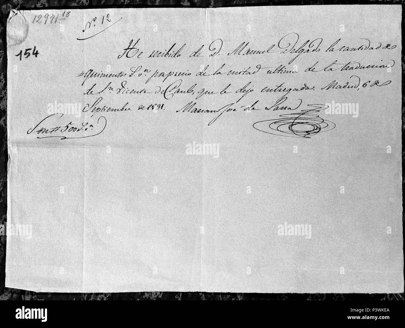 RECIBO AUTOGRAFO 1831. Author: LARRA MARIANO JOSE DE. Location: BIBLIOTECA NACIONAL-COLECCION, MADRID, SPAIN. Stock Photo