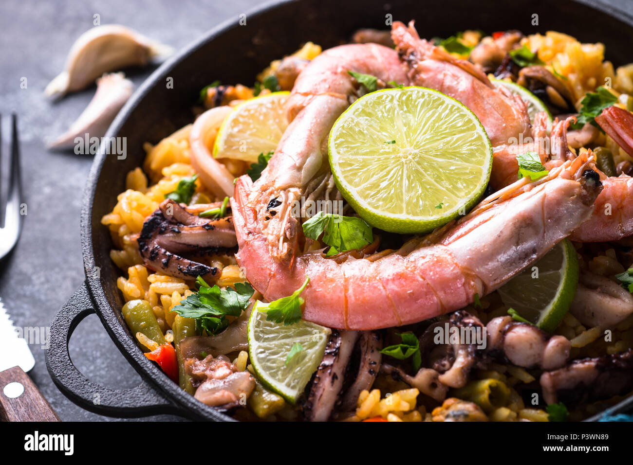 Seafood paella. Traditional spanish dish, european cuisine. Close up