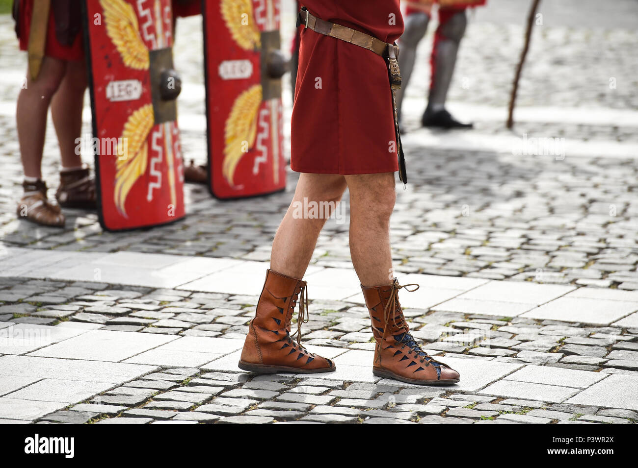 Reenactment detail with roman soldiers uniforms Stock Photo