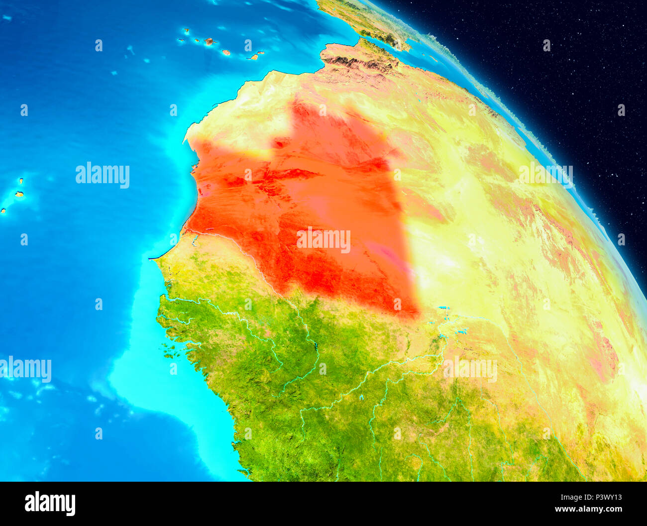 Space view of Mauritania highlighted in red on planet Earth. 3D ...