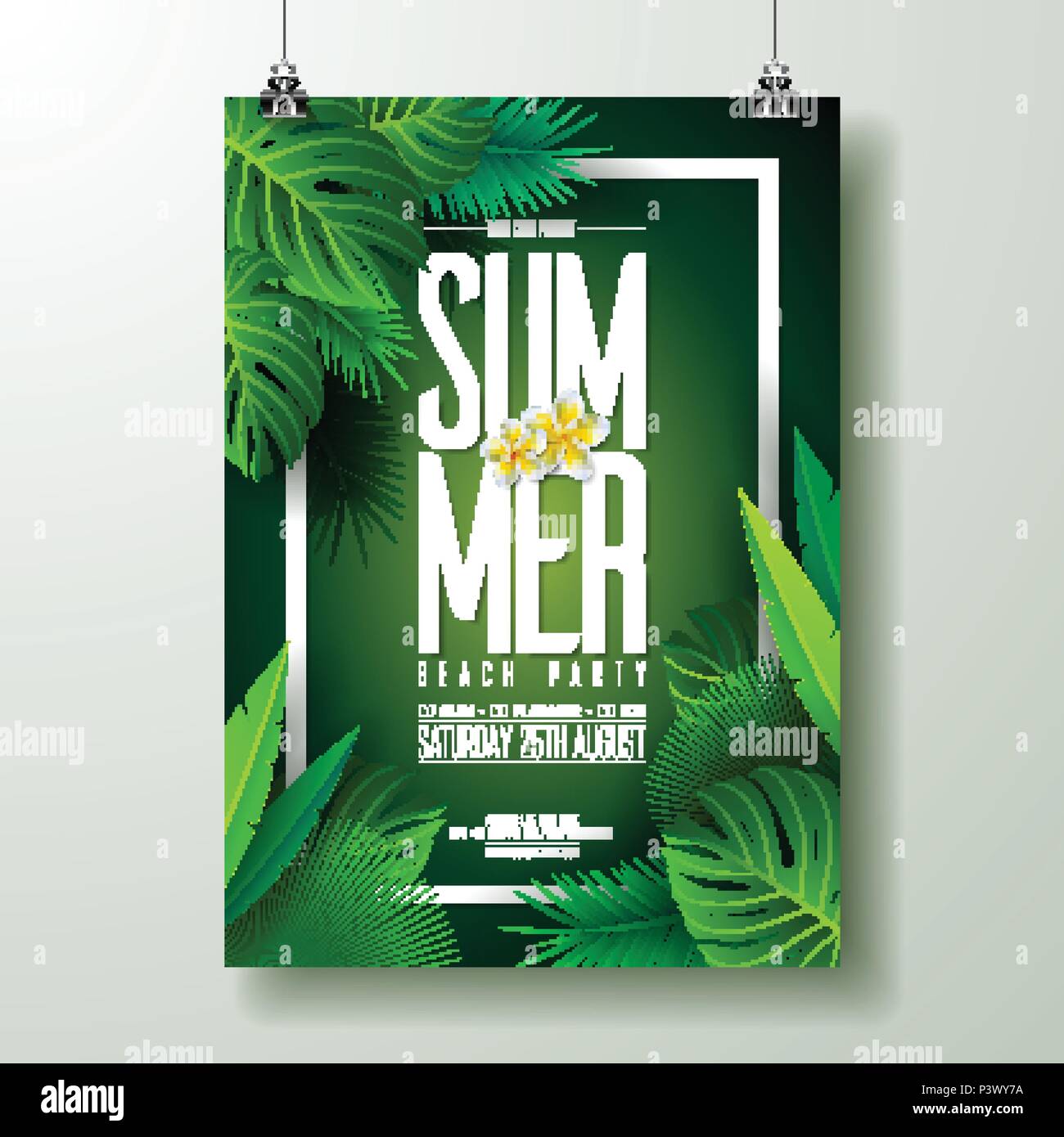 Vector Summer Beach Party Flyer Design with typographic elements on exotic leaf background. Summer nature floral elements, tropical plants, flower. Design template for banner, flyer, invitation, poster. Stock Vector