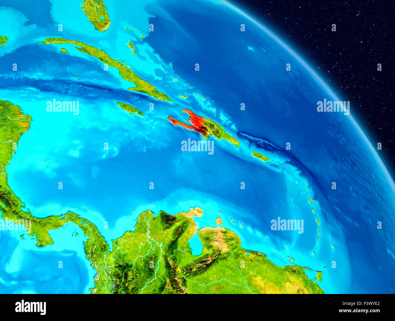 Space view of Haiti highlighted in red on planet Earth. 3D illustration ...