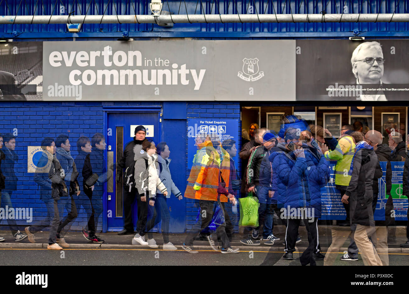 Multiple exposure of Everton football fans outside the ground on match day. Stock Photo