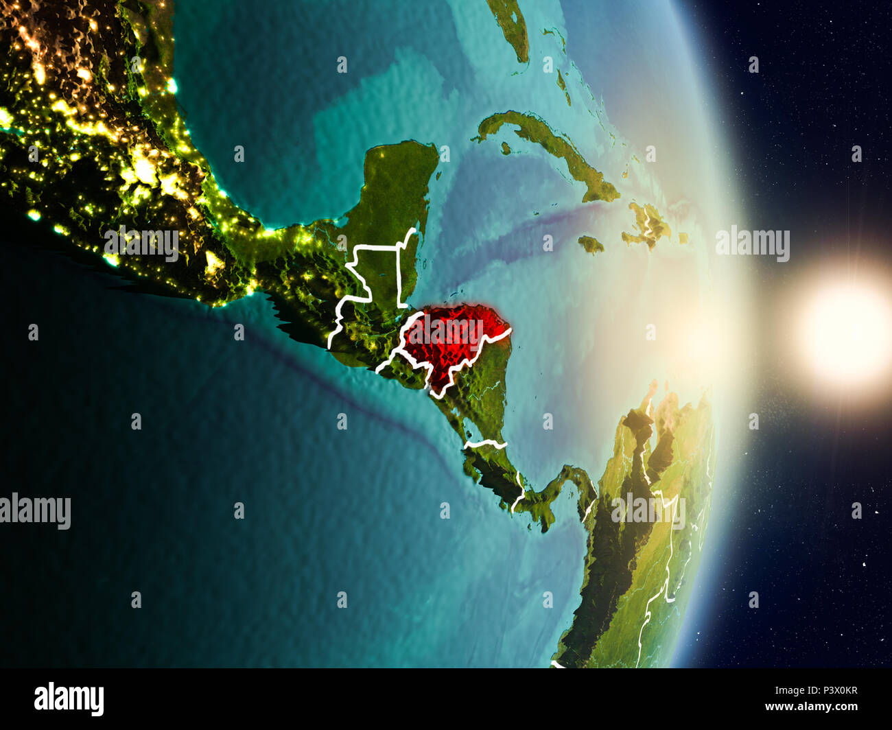 Honduras during sunrise highlighted in red on planet Earth with visible ...