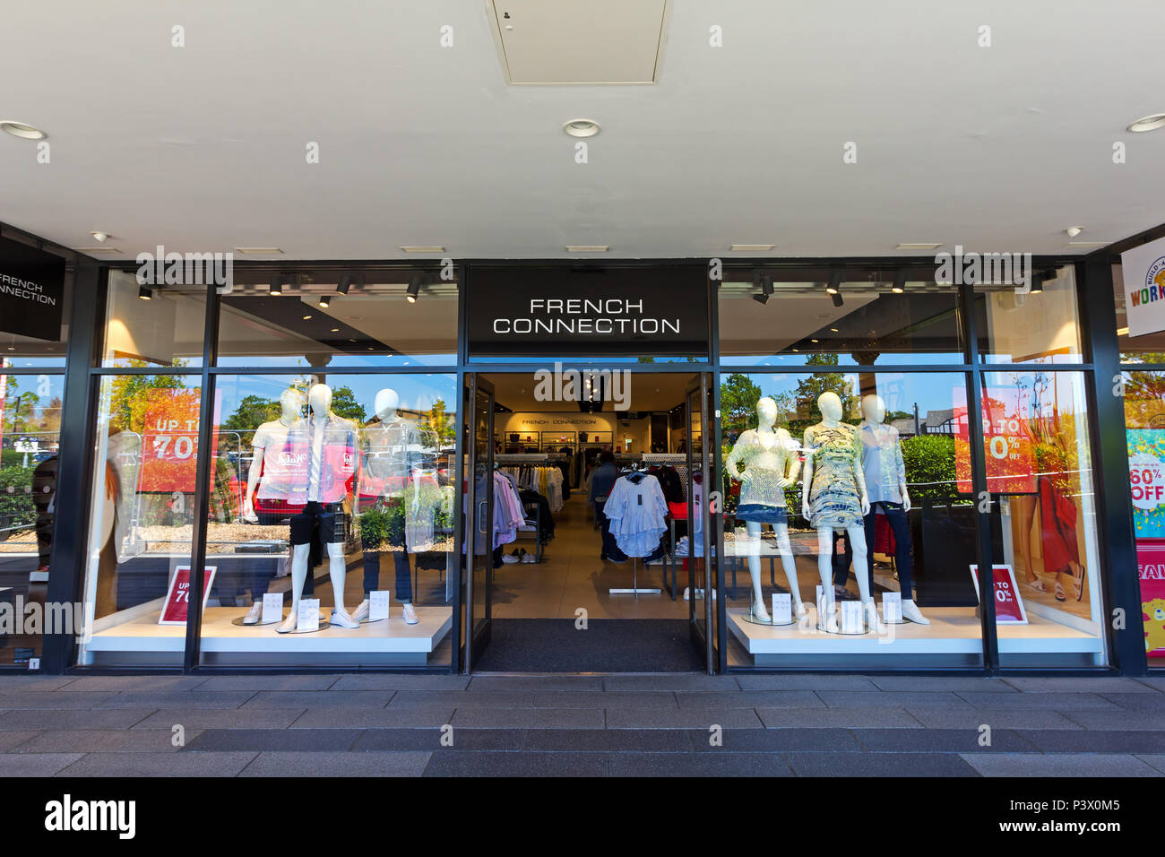Shop frontage of the French Connection store at the Cheshire Oaks Designer Outlet, Ellesmere Port Cheshire. Stock Photo
