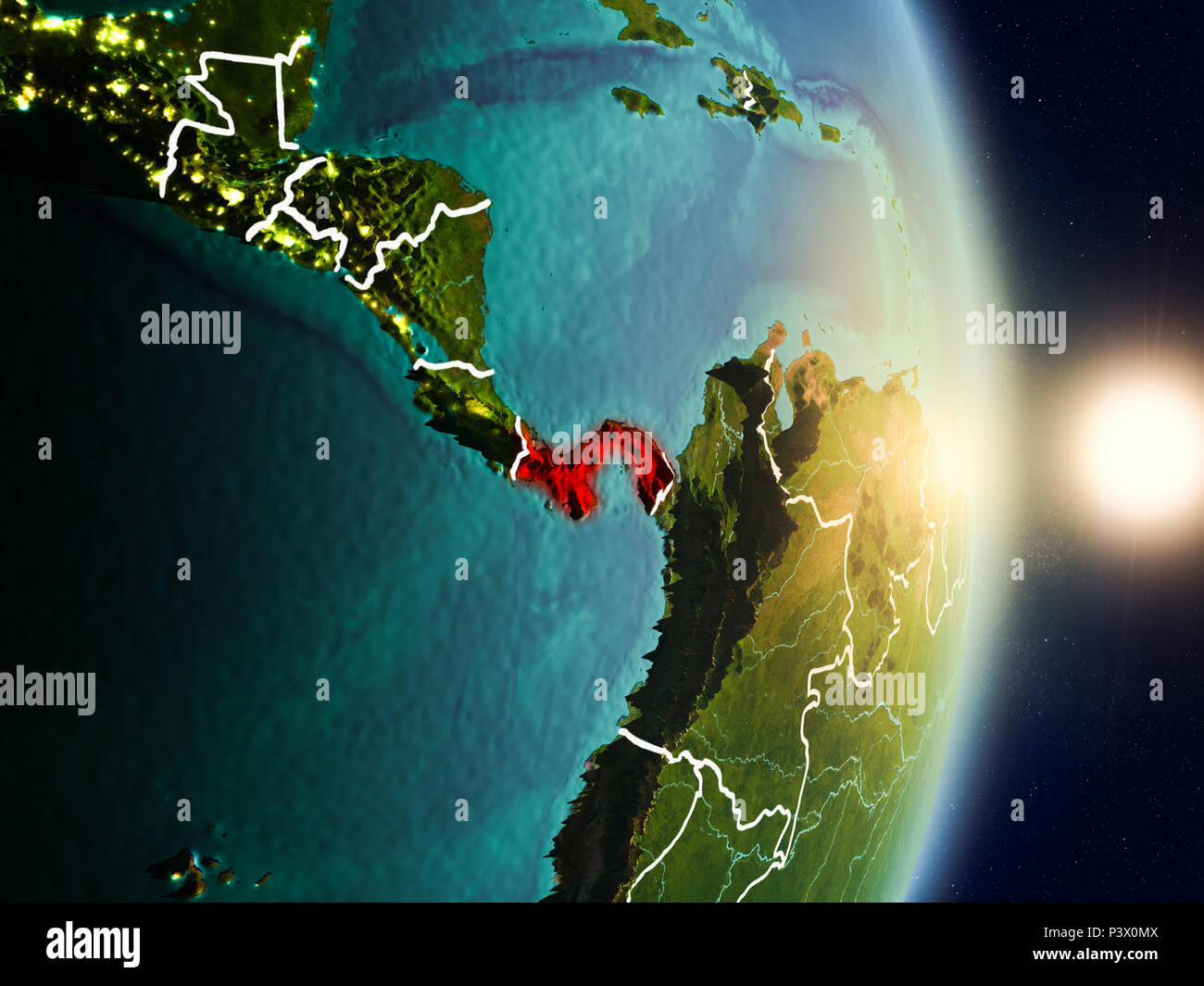 Panama during sunrise highlighted in red on planet Earth with visible ...