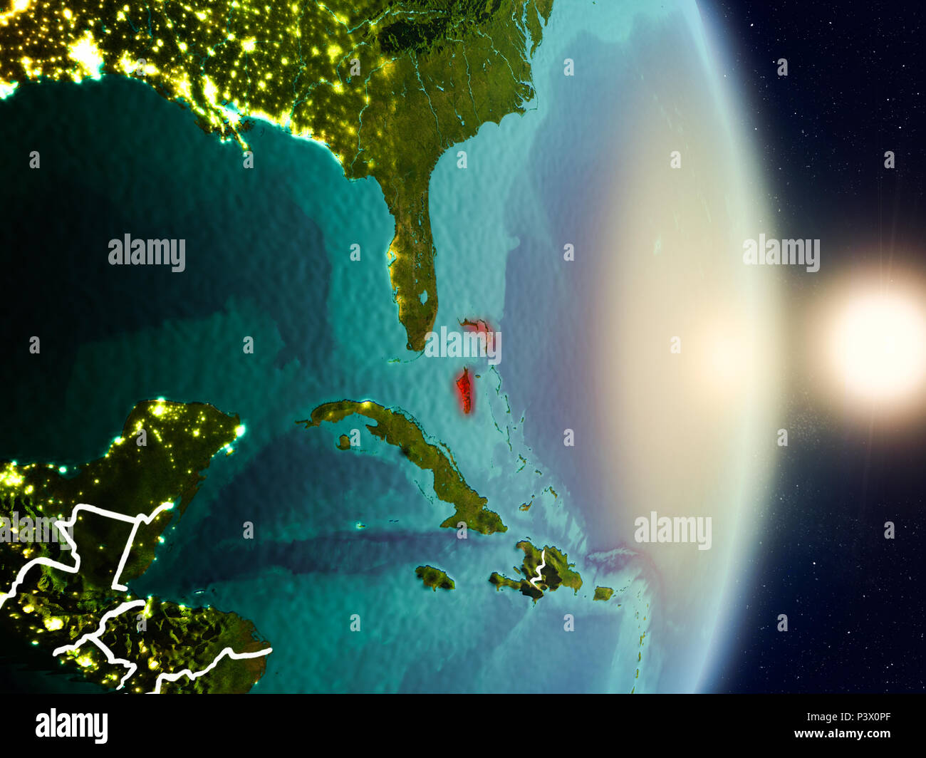 Bahamas during sunrise highlighted in red on planet Earth with visible ...