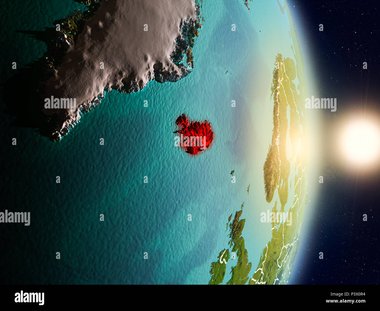 Iceland during sunrise highlighted in red on planet Earth with visible ...