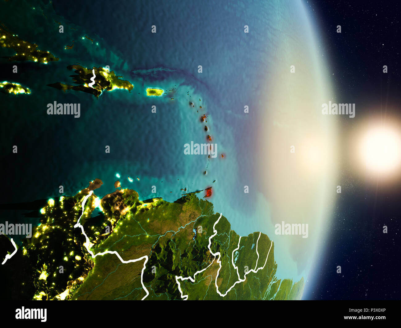 Caribbean during sunrise highlighted in red on planet Earth with ...
