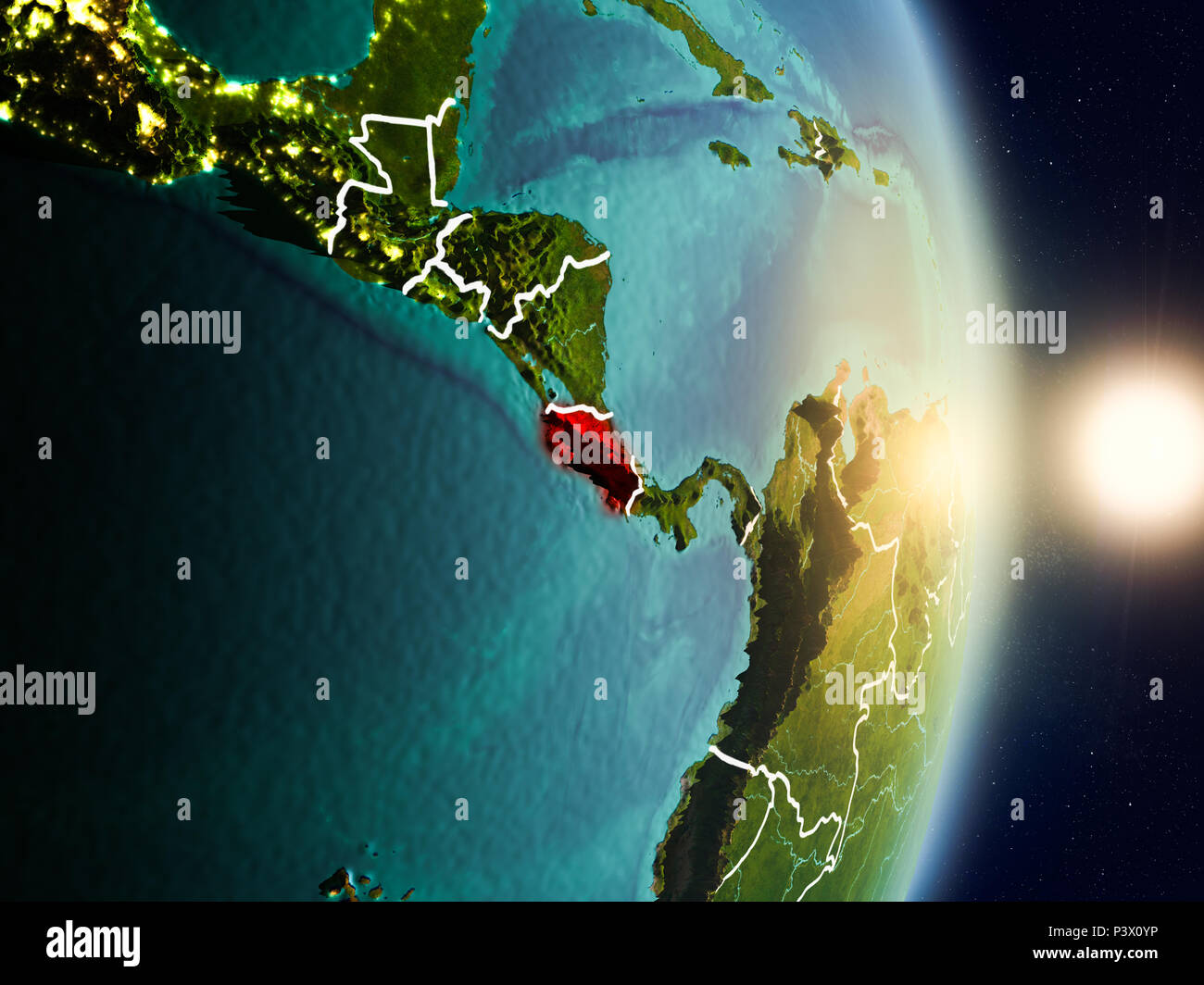 Costa Rica during sunrise highlighted in red on planet Earth with ...